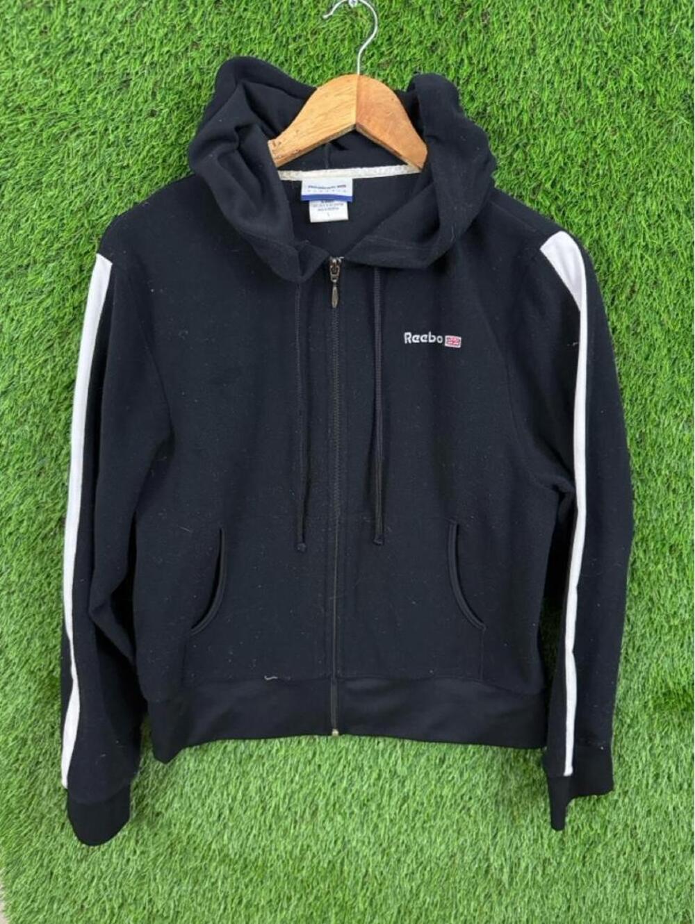 Reebok Full Zip Hoodie Black Y2K Athletic Track Jacket
